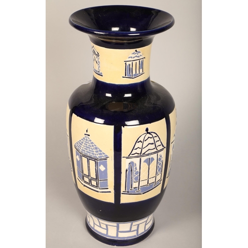 521 - Blue and white gazebo design baluster vase, 52 cm high