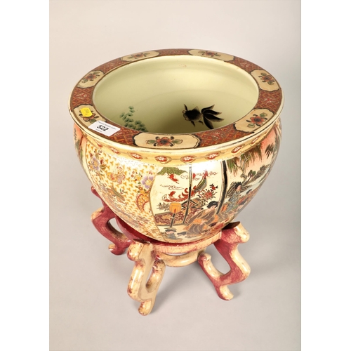 522 - Chinese jardiniere on stand with gilt decoration and gold fish interior, height with stand 45 cm&nbs... 