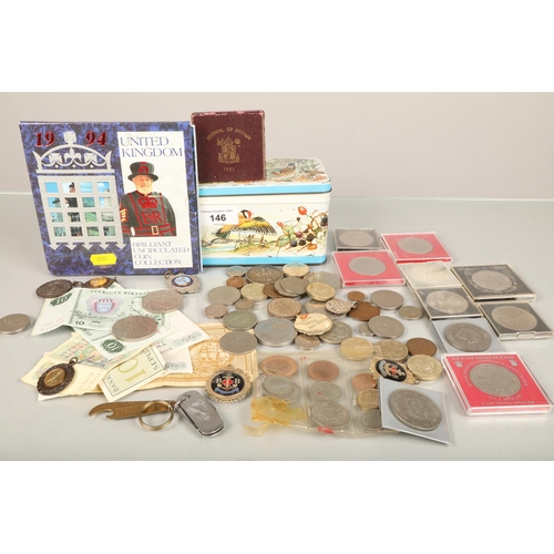 146 - Assortment of coins, notes, and medallions, to include global currency, commemorative coins, and Uni... 