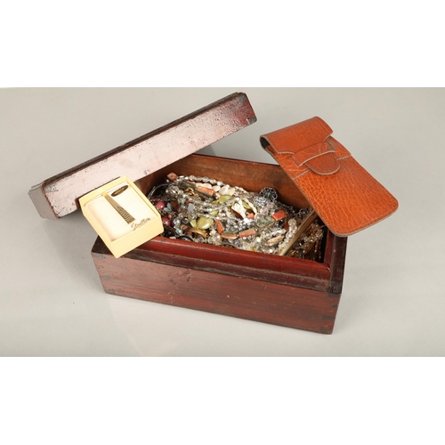 149 - Wooden box of assorted costume jewellery including watches