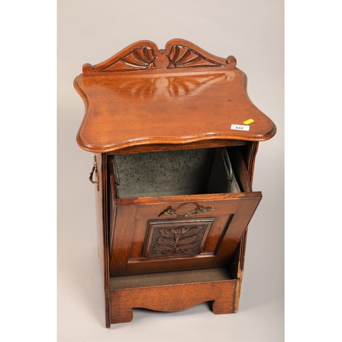 532 - Carved oak side table with pull-out coal scuttle/waste bin 53cm h, 34cm d