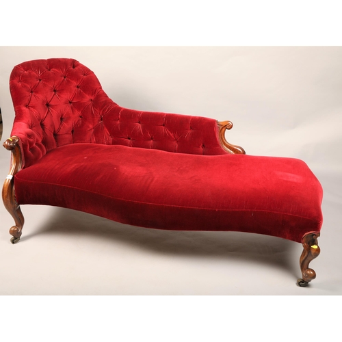 649 - Victorian Mahogany button back chaise longue, on casters, 160m long