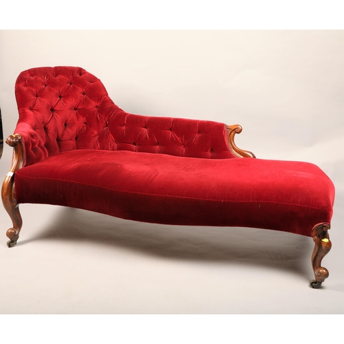 649 - Victorian Mahogany button back chaise longue, on casters, 160m long