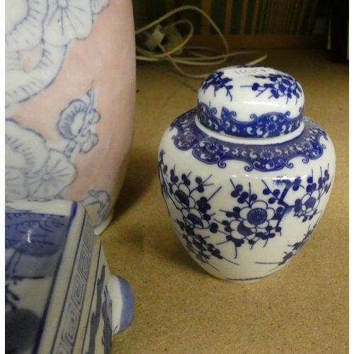 3 - Modern Oriental vases. two blue and white ginger jars and a lidded box.