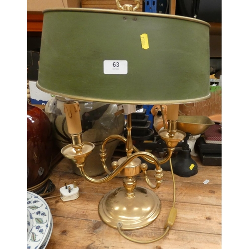 63 - Vintage brass two branch table lamp. (Electrical testing / re-wiring required).