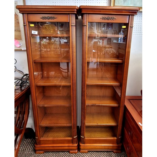 523 - Pair of contemporary glass fronted Yew book/ cd shelving units 120 x 23 x 42 cm (2)