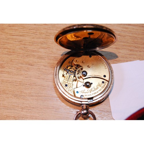 138 - Waltham watch in engraved gold open face case, '10c', imported by A Baume, 39mm, c. 1880, on gold cu... 