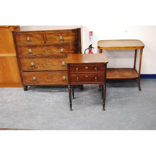 368 - Regency Scottish mahogany work table with two drawers, lion mask ring handles, on ornate reeded legs... 