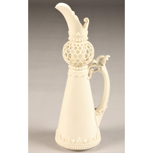 19 - Royal Worcester ewer, tapered cylindrical form, reticulated spherical neck, scroll handle 'Blanc De ... 