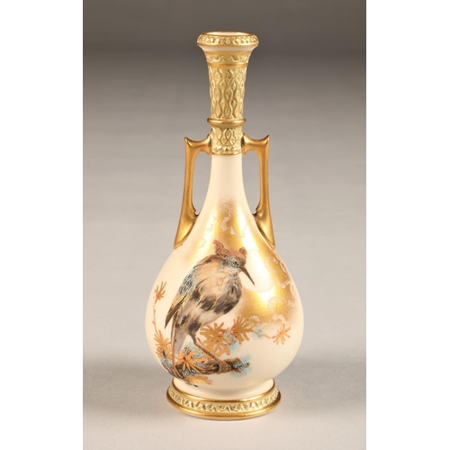 25 - Royal Worcester twin handled bottle shaped vase, decorated with hand painted hoopoe, 924 date coded ... 