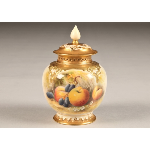 29 - Royal Worcester vase and cover, decorated with hand painted fallen fruit, signed Ricketts, H278 date... 