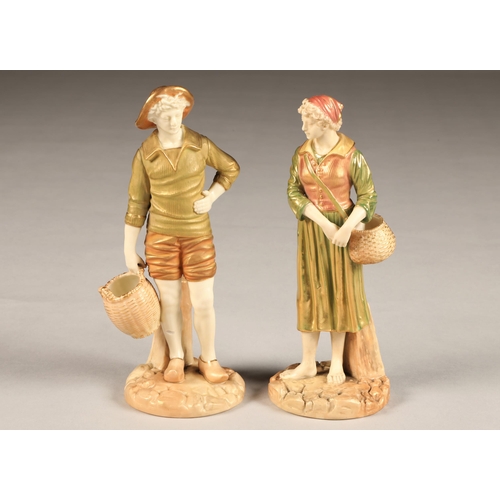 31 - Pair Royal Worcester figure ornaments, a Dutch fisherman and woman with wicker baskets, 1202 date co... 