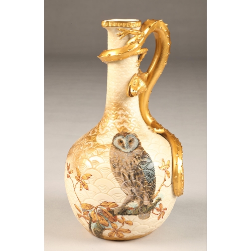 4 - Royal Worcester ewer, bottle shaped with scaled surface, large gilt serpent handle, decorated with a... 