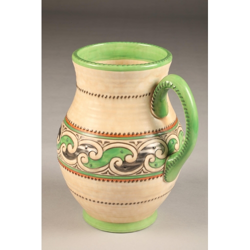 43 - Charlotte Rhead Crown Ducal vase, with single handle with green and decoration orange, height 26cm