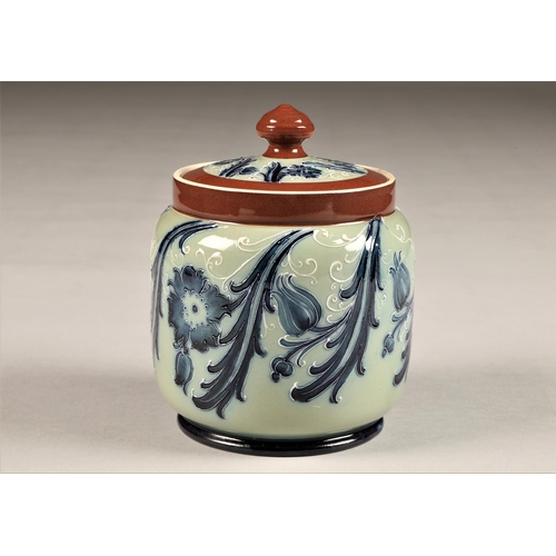44 - McIntyre Tobacco jar and cover, brown bands with blue stylised flower decoration, brown factory stam... 