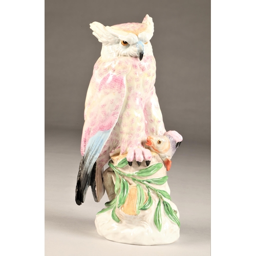 49 - Dresden porcelain fish owl figure, finished in pinks, stamped Dresden, height 32cm