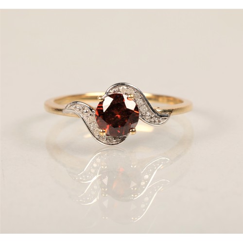 66 - Ladies 9ct gold ring set with dark orange stone surrounded by small white stonesring size Q