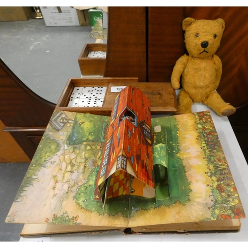 104 - Vintage pop-up book, dominoes and a teddy bear. (3).