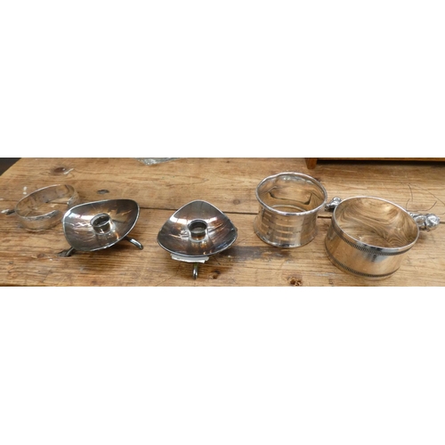 112 - Pair of Danish candle holders, silver napkin ring, etc.