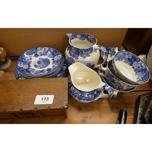 115 - Johnson Bros. blue and white tea ware and treen box.