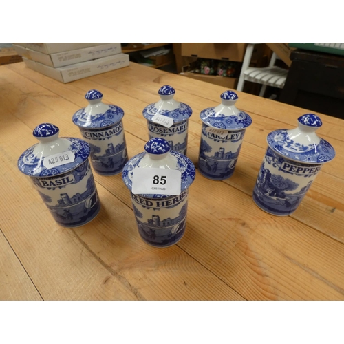 85 - Set of six blue and white Spode herb and spice jars.