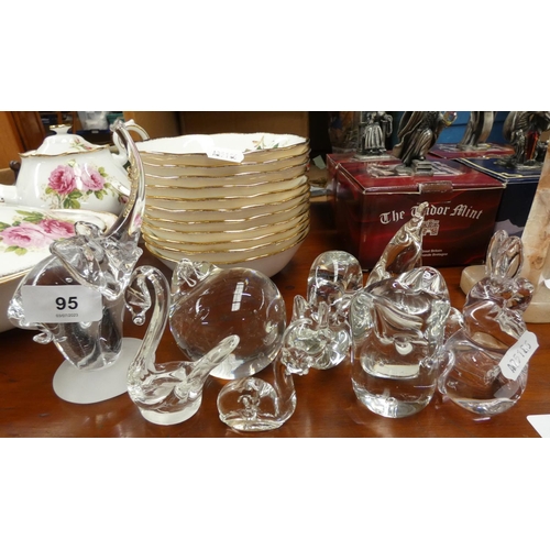 95 - Collection of glass paperweights and animal figures.