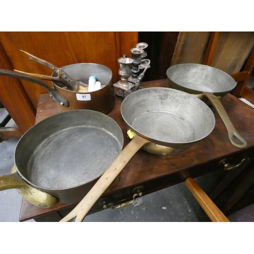 97 - Four antique copper pans, ep candelabrum etc.