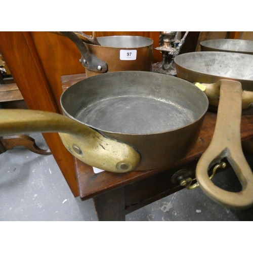 97 - Four antique copper pans, ep candelabrum etc.