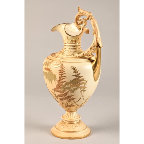 1 - Large Royal Worcester ewer, raised on a circular foot with scroll handle, decorated with hand painte... 