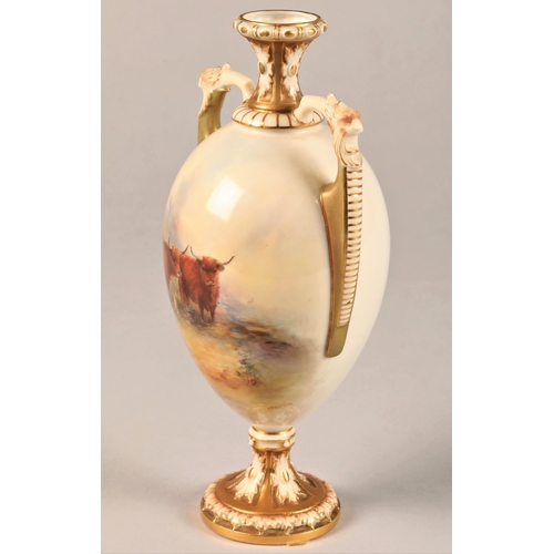 10 - Royal Worcester twin handled vase, ovoid form raised on a circular foot, hand painted with highland ... 