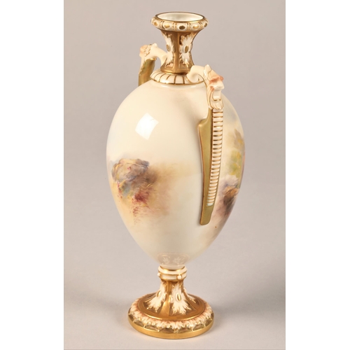 10 - Royal Worcester twin handled vase, ovoid form raised on a circular foot, hand painted with highland ... 