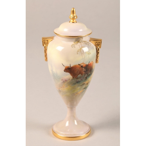 12 - Pair Royal Worcester vases and covers, baluster form, gilt twin handles, raised on circular feet, de... 