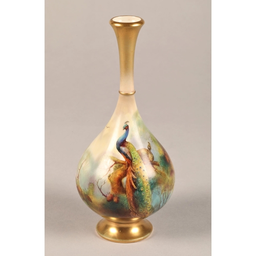 13 - Royal Worcester Vase, bottle shaped, circular foot, decorated with hand painted peacocks in woodland... 