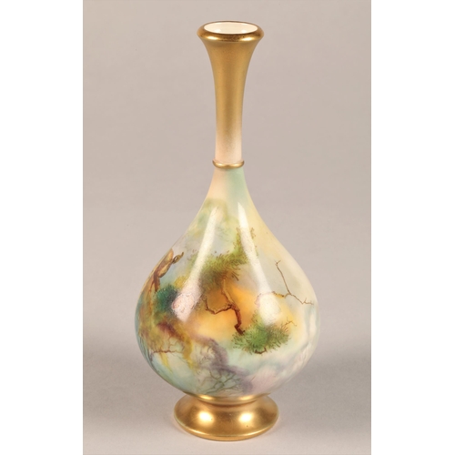 13 - Royal Worcester Vase, bottle shaped, circular foot, decorated with hand painted peacocks in woodland... 