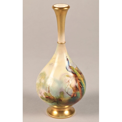 13 - Royal Worcester Vase, bottle shaped, circular foot, decorated with hand painted peacocks in woodland... 