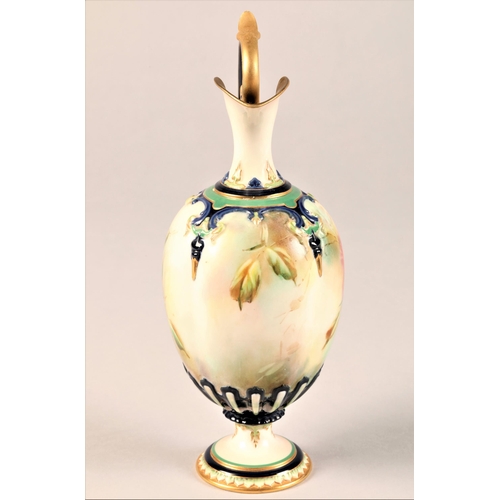 14 - Hadley's Worcester ewer, baluster form, scroll handle raised on a circular foot, hand painted with p... 