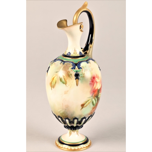 14 - Hadley's Worcester ewer, baluster form, scroll handle raised on a circular foot, hand painted with p... 