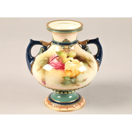 15 - Royal Worcester twin handled vase, hand painted pink and yellow roses, gilt enrichments, date coded ... 