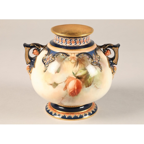 16 - Hadley's Worcester twin handle vase, hand painted with roses, gilt enrichments, height 15.5cm