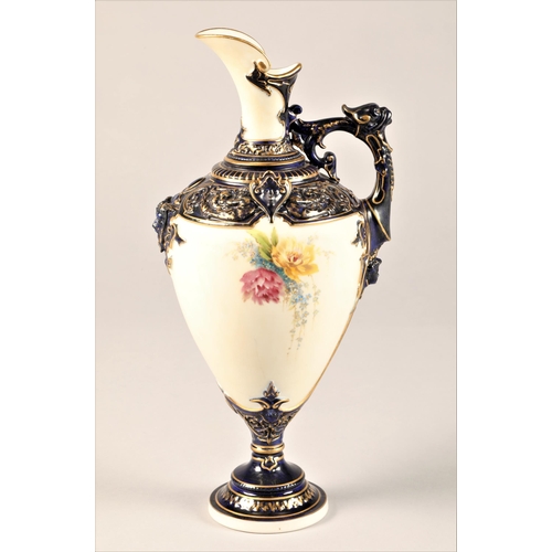 2 - Royal Worcester ewer, raised on circular foot, hand painted with floral sprays and initialled ER for... 