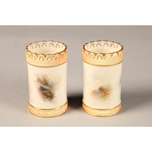 27 - Pair Royal Worcester vase, cylindrical form, pierced rims, decorated with hand painted highland catt... 