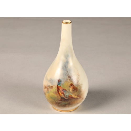28 - Royal Worcester Vase, bottle form, decorated with hand painted pheasants in landscape signed James S... 