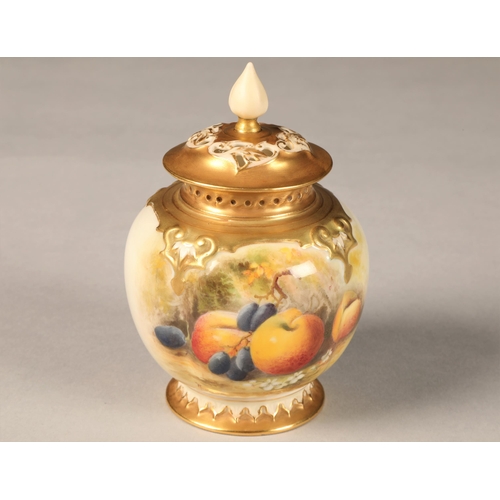 29 - Royal Worcester vase and cover, decorated with hand painted fallen fruit, signed Ricketts, H278 date... 