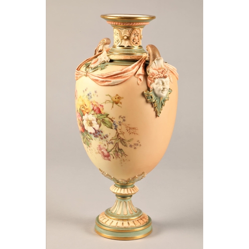 3 - Royal Worcester vase, baluster form, pierced neck with Bacchus mask handles, raised on a circular fo... 