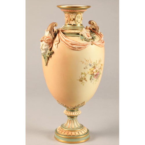 3 - Royal Worcester vase, baluster form, pierced neck with Bacchus mask handles, raised on a circular fo... 