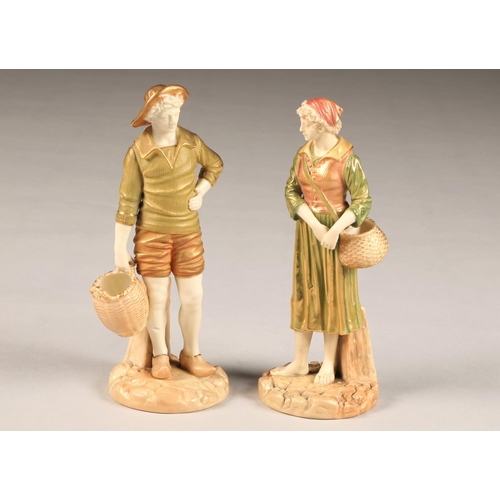 31 - Pair Royal Worcester figure ornaments, a Dutch fisherman and woman with wicker baskets, 1202 date co... 
