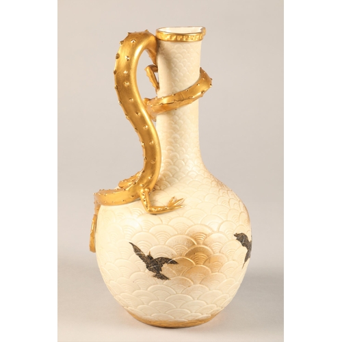 4 - Royal Worcester ewer, bottle shaped with scaled surface, large gilt serpent handle, decorated with a... 