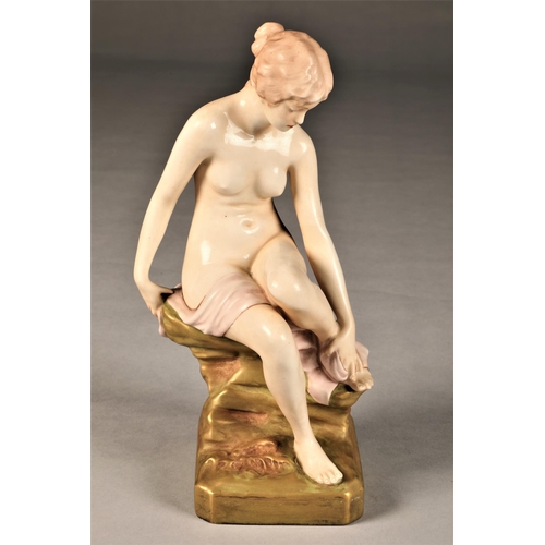 58 - Art Nouveau Bohemia Royal Dux porcelain figure, a seated maiden with a pink robe, applied red triang... 