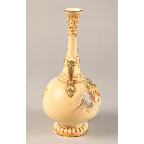 5 - Royal Worcester twin handled bottle shaped vase, raised on a circular foot, decorated with hand pain... 
