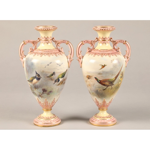 6 - Pair Royal China Works Worcester vases, double handles and raised on circular feet, decorated in pin... 